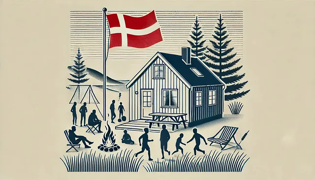 Silhouetten spielen vor einem Blockhaus mit dänischer Flagge